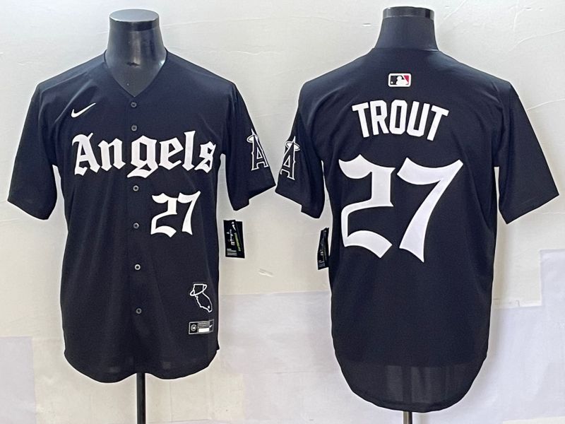 Men 2025 Los Angeles Angels #27 Trout Black Five generations Joint Name Nike MLB Jersey style 12